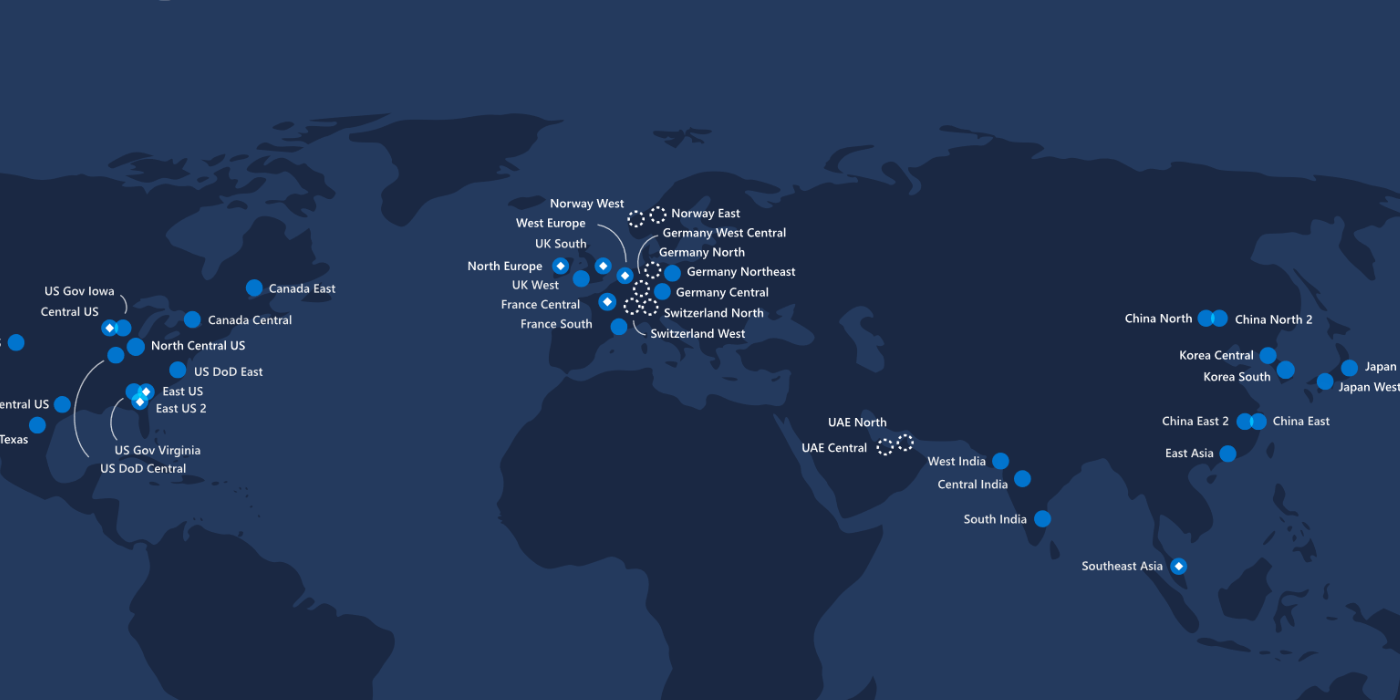 Map of the world with Azure data center locations marked